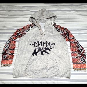 Mama Bear hoodie. Gray with aztec pattern sleeves front pocket. Light weight XL